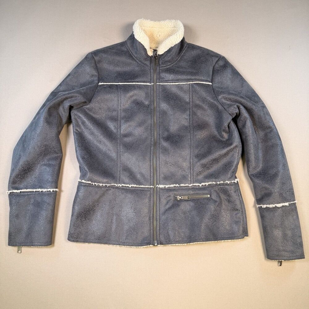 prAna Jacket Womens Large Gray ESME Faux Leather Sherpa Lined Full Zip